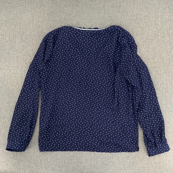 Forever 21 Long Sleeve Pull Over Blouse Navy Blue White Polka Dots Small Ruffled - Picture 9 of 11